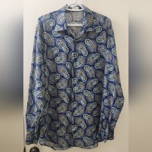 Etro Blue Paisley Button-Up Shirt, Size 43, Linen.
